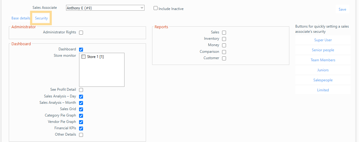 Security settings form with quick config options on the right