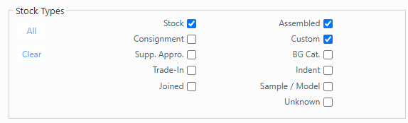 Stock Types filter options