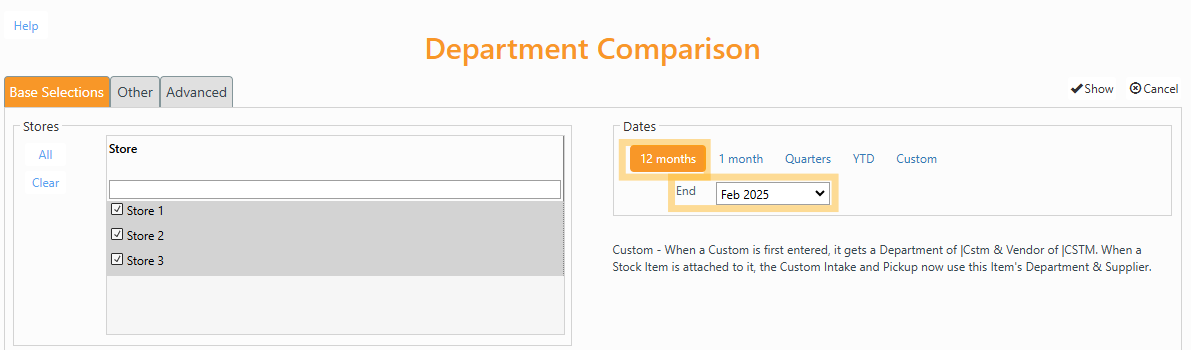 Base Selection screen with date range and store filter