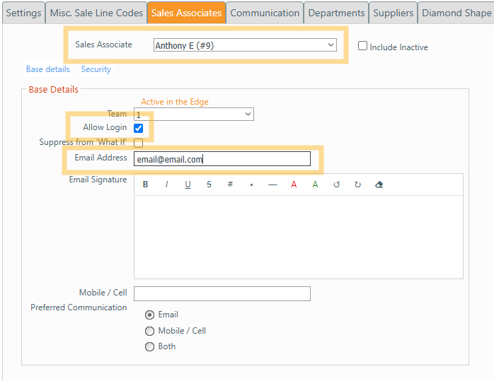 Login fields including email address and mobile number